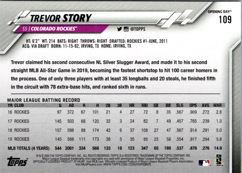 2020 Topps Opening Day Trevor Story