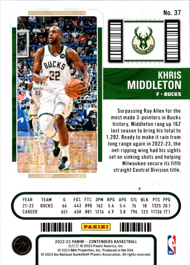 2022 Panini Contenders Game Ticket Green Khris Middleton