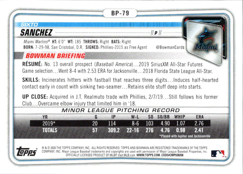 2020 Bowman Prospects Sixto Sanchez