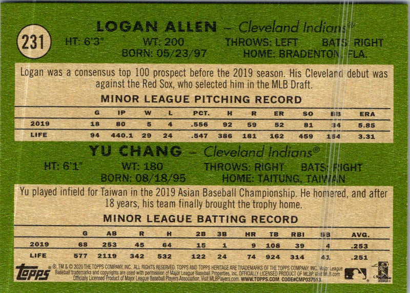 2020 Topps Heritage Logan Allen/Yu Chang