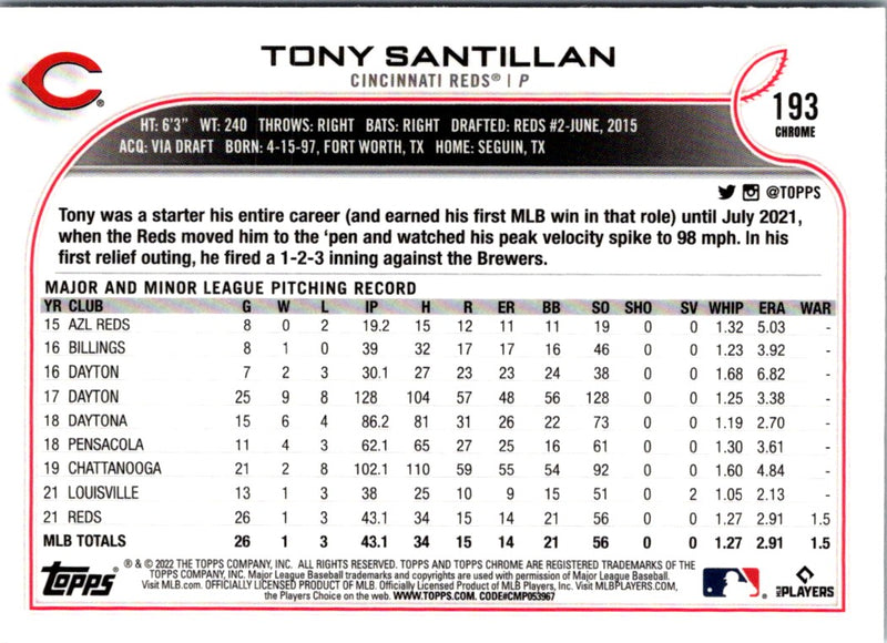 2022 Topps Chrome Tony Santillan