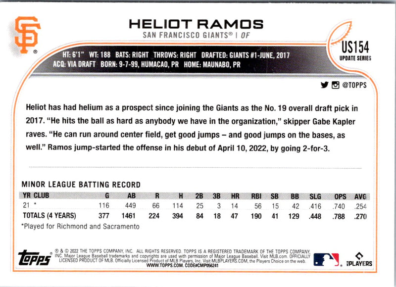 2022 Topps Update Heliot Ramos