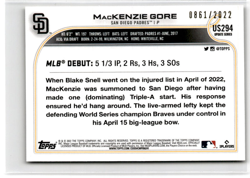 2022 Topps Update Gold MacKenzie Gore