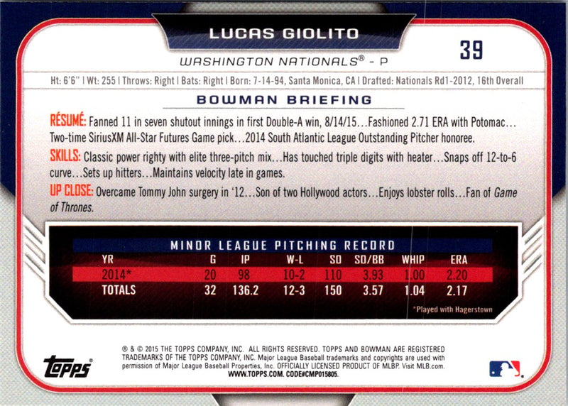 2015 Bowman Draft Picks & Prospects Lucas Giolito