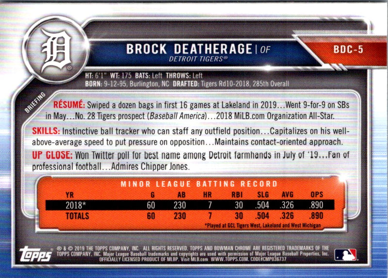 2019 Bowman Draft Chrome Brock Deatherage