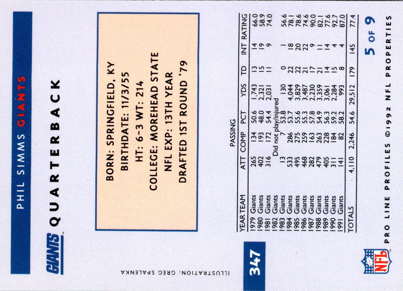 1992 Pro Line Profiles Phil Simms