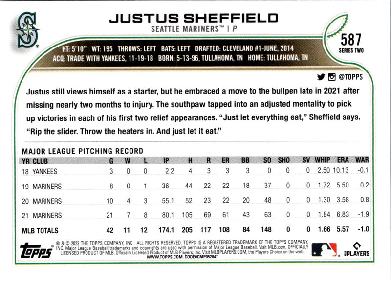 2022 Topps Justus Sheffield