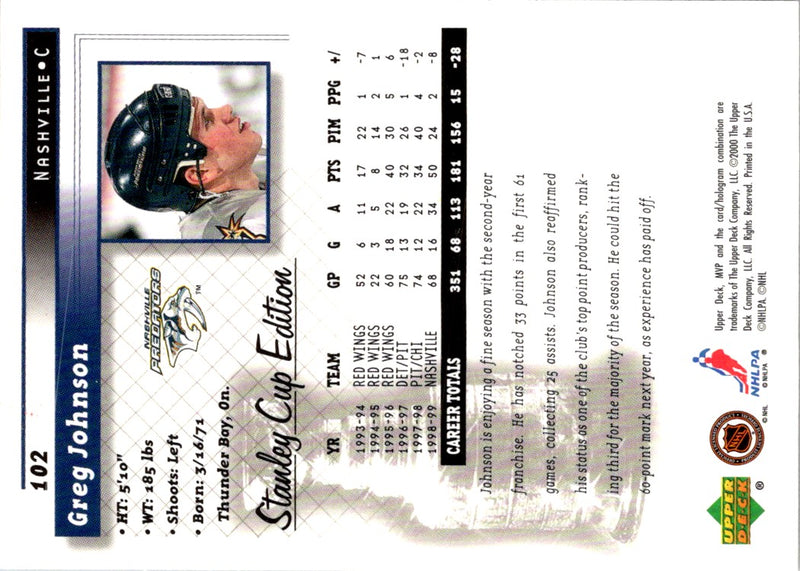 1999 Upper Deck MVP Stanley Cup Greg Johnson