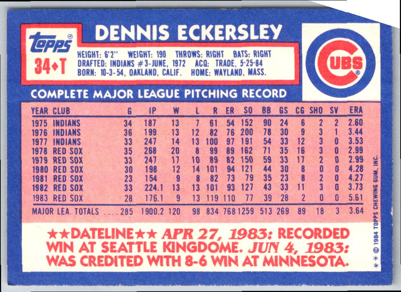 1984 Topps Traded Dennis Eckersley