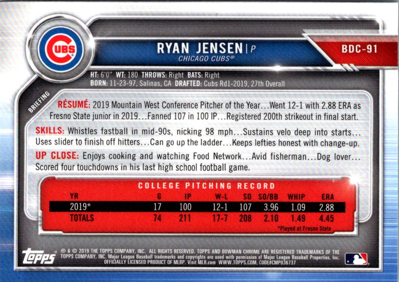 2019 Bowman Draft Chrome Ryan Jensen