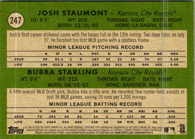 2020 Topps Heritage Josh Staumont/ Bubba Starling