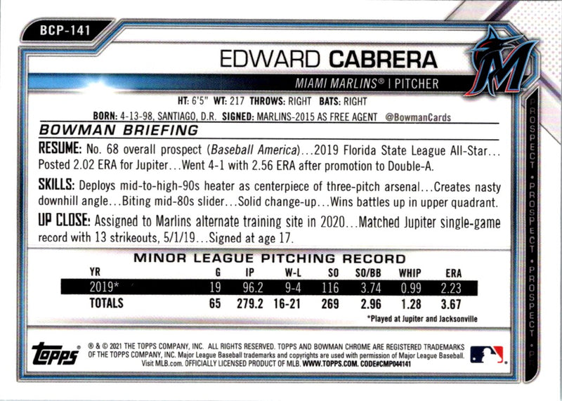 2021 Bowman Chrome Prospects Edward Cabrera