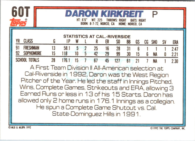 1992 Topps Traded Daron Kirkreit