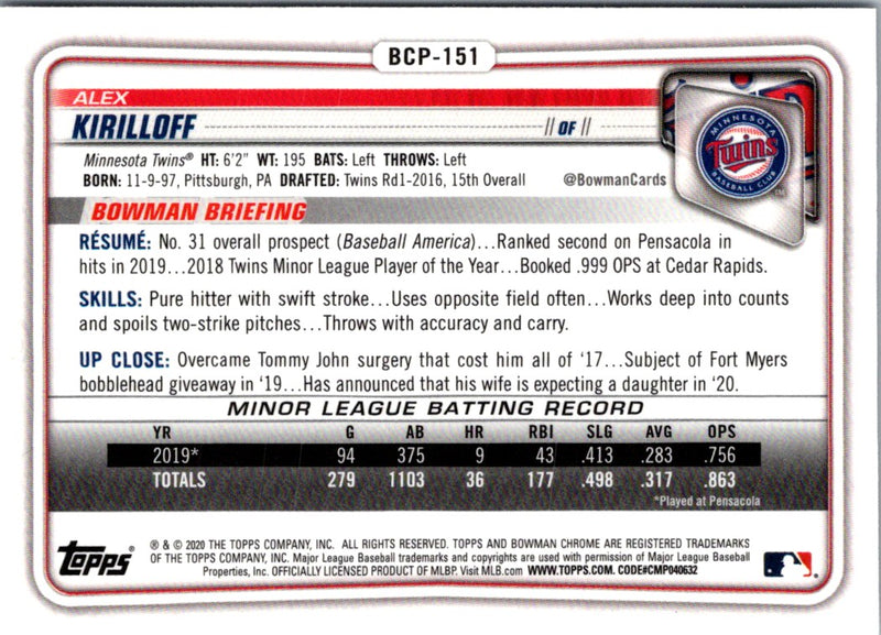 2020 Bowman Chrome Prospects Alex Kirilloff