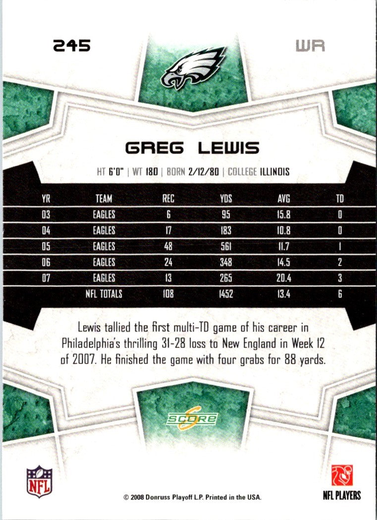 2008 Score Super Bowl XLIII Greg Lewis