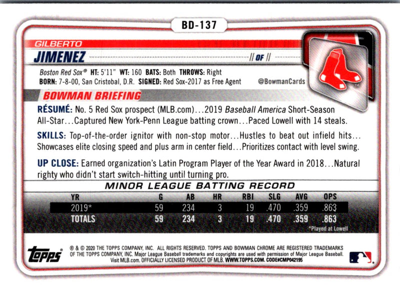 2020 Bowman Draft Chrome Gilberto Jimenez