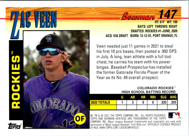 2021 Bowman Heritage Zac Veen