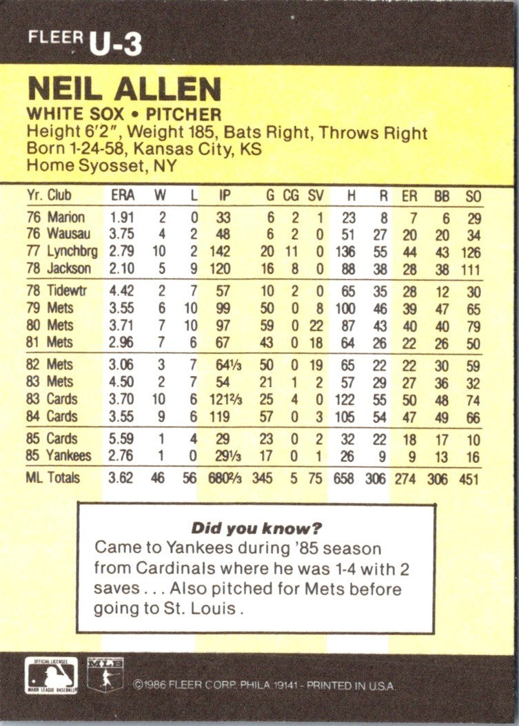 1986 Fleer Update Neil Allen