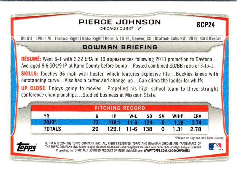 2014 Bowman Chrome Prospects Pierce Johnson