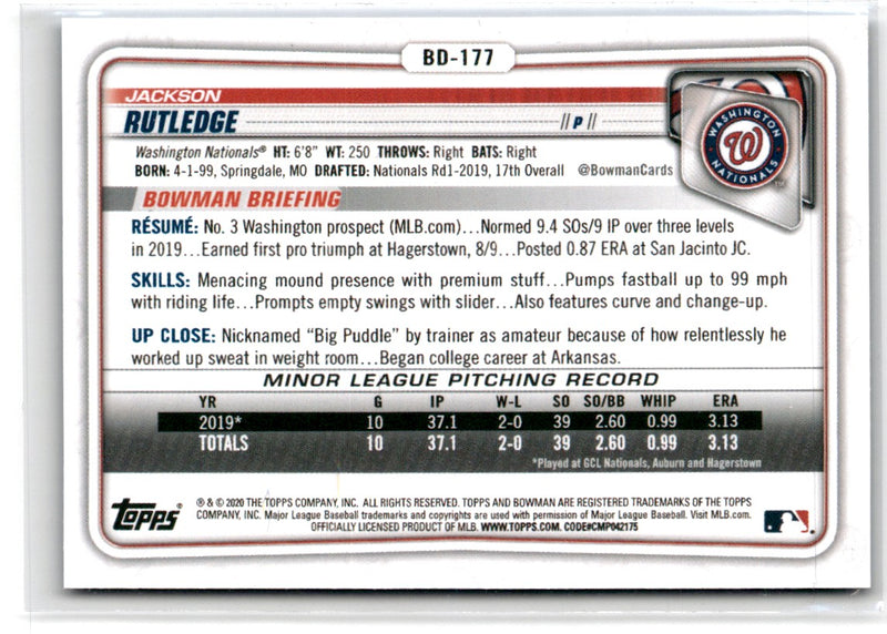 2020 Bowman Draft 1st Edition Blue Jackson Rutledge