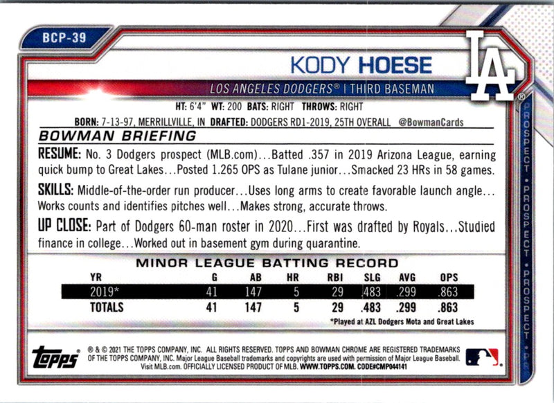 2021 Bowman Chrome Prospects Kody Hoese