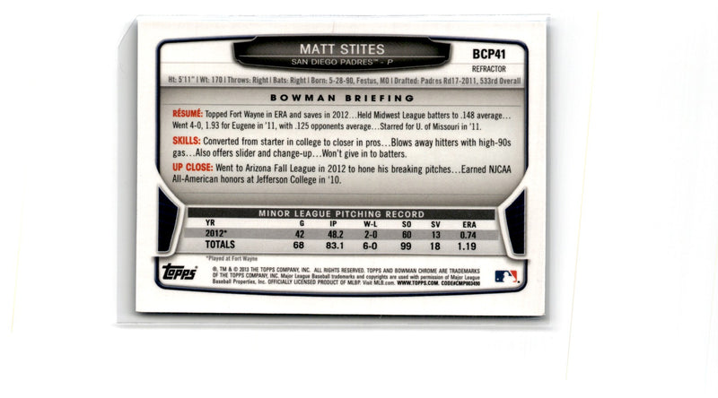 2013 Bowman Chrome Prospects Blue Wave Matt Stites