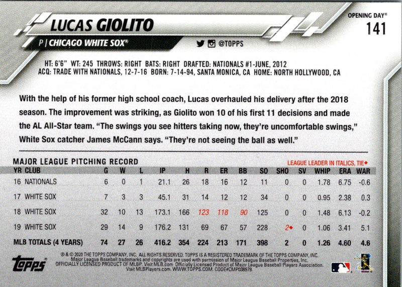 2020 Topps Opening Day Lucas Giolito