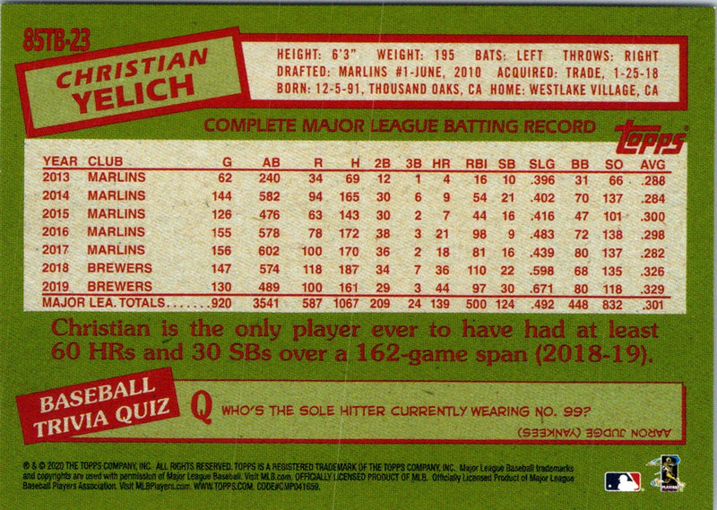 2020 Topps Update 1985 Baseball 35th Anniversary Christian Yelich