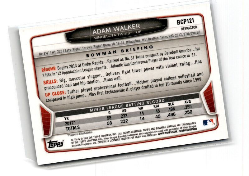 2013 Bowman Chrome Prospects Blue Wave Adam Walker