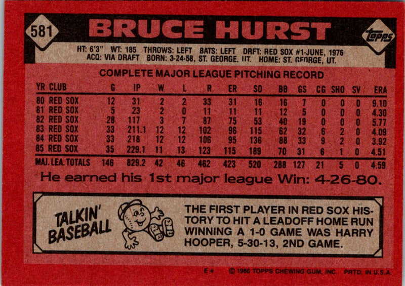 1986 Topps Bruce Hurst