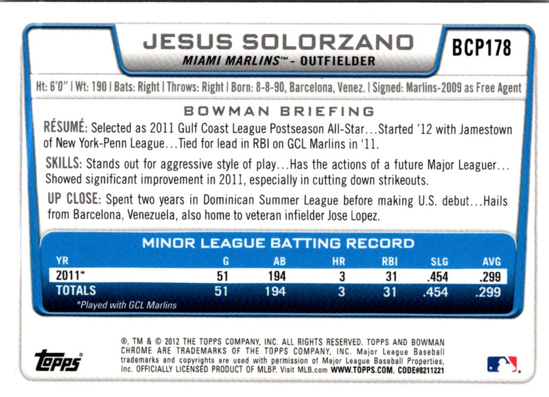 2012 Bowman Chrome Prospects Jesus Solorzano