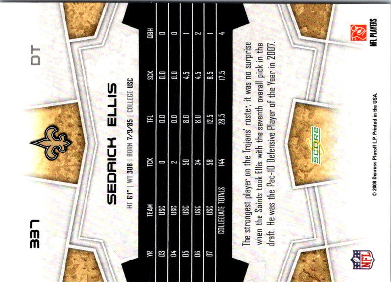 2008 Score Scorecard Sedrick Ellis