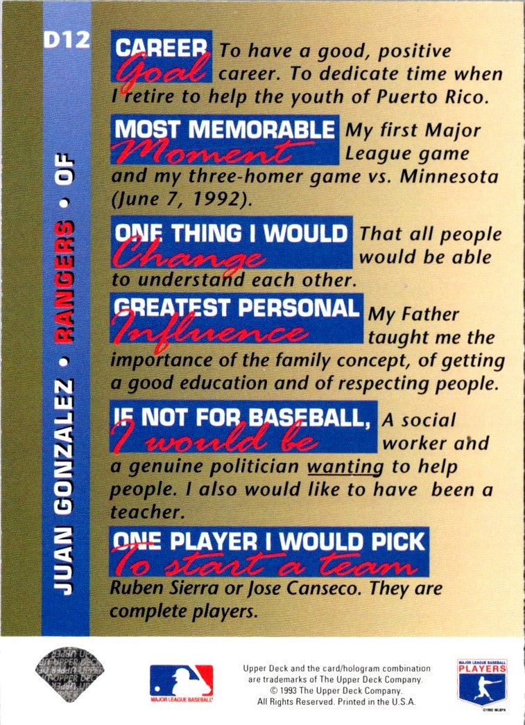 1993 Upper Deck On Juan Gonzalez