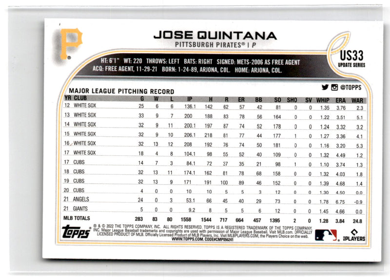 2022 Topps Update Jose Quintana