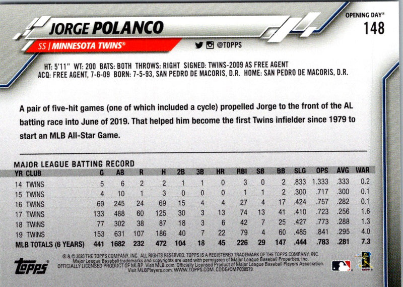 2020 Topps Opening Day Jorge Polanco