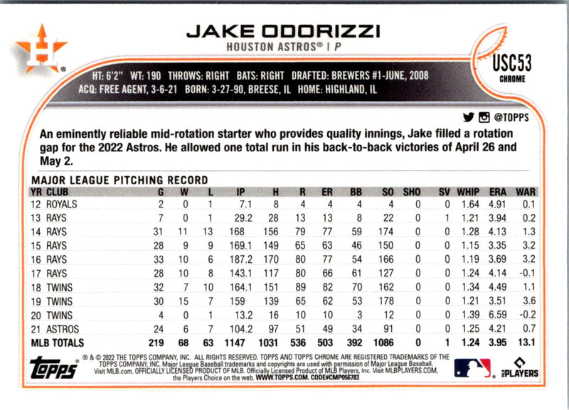 2022 Topps Chrome Update Jake Odorizzi