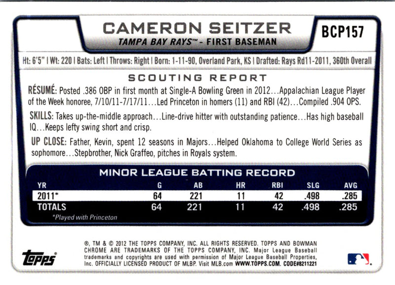 2012 Bowman Chrome Prospects Cameron Seitzer