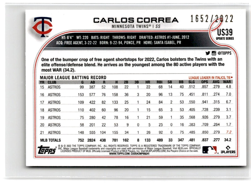 2022 Topps Update Gold Carlos Correa