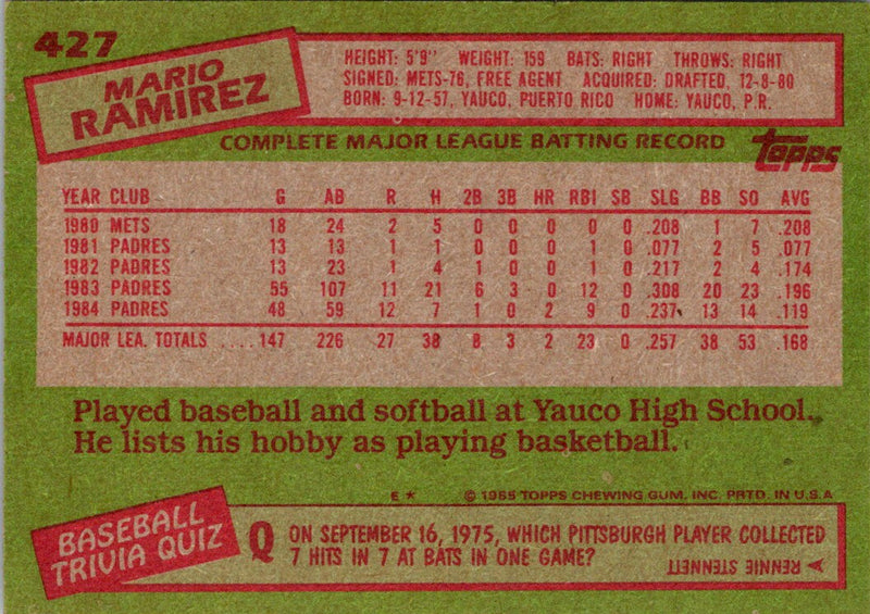 1985 Topps Mario Ramirez