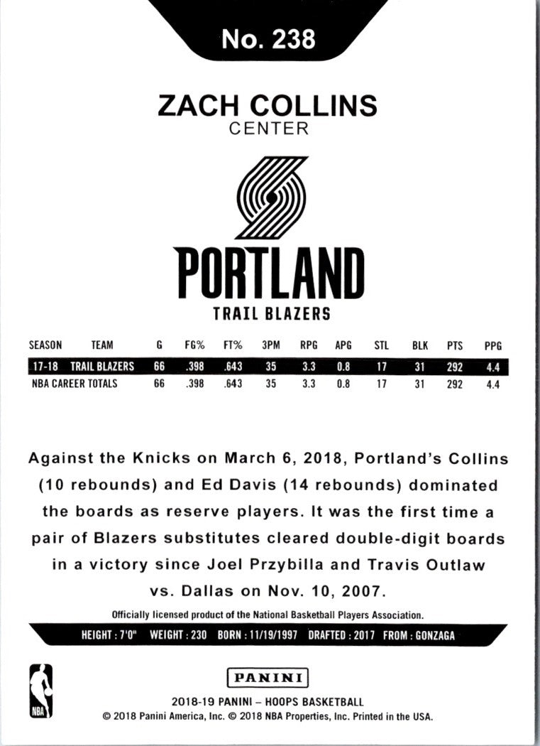 2018 Hoops Red Backs Zach Collins