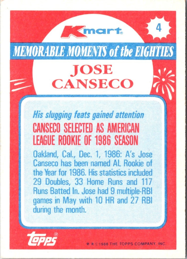 1988 Topps Kmart Memorable Moments Jose Canseco