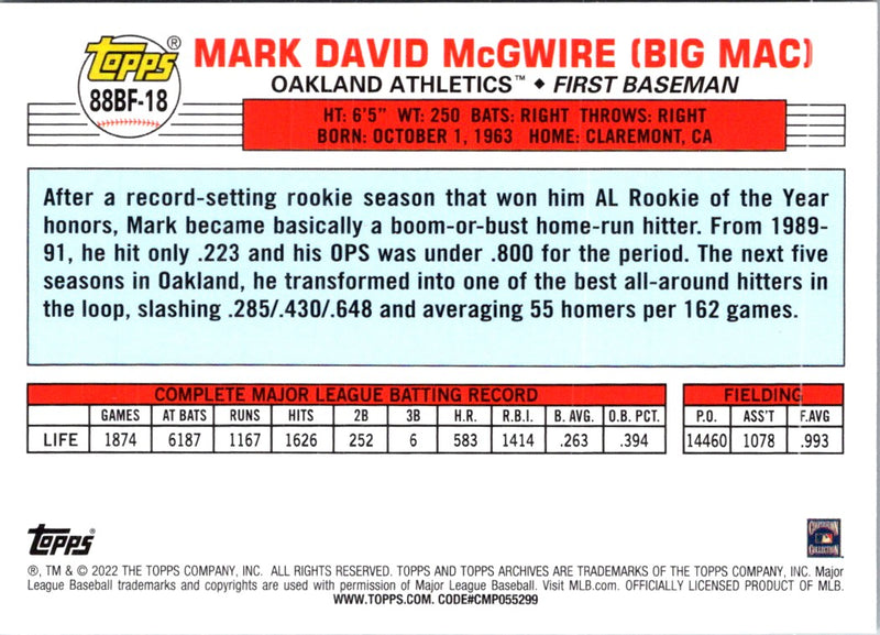 2022 Topps 1987 Baseball Autographs Red Mark McGwire