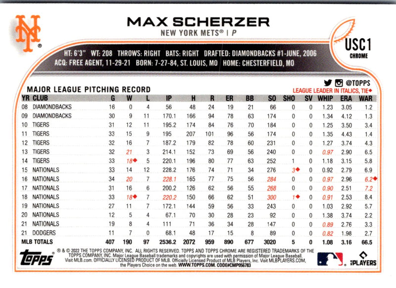 2022 Topps Chrome Update Purple Refractor Max Scherzer