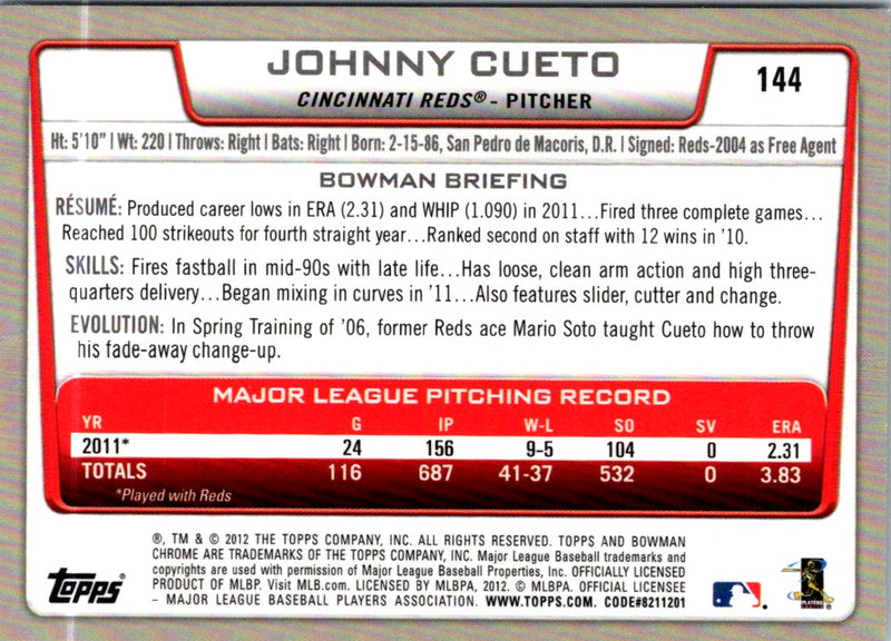 2012 Bowman Chrome Johnny Cueto