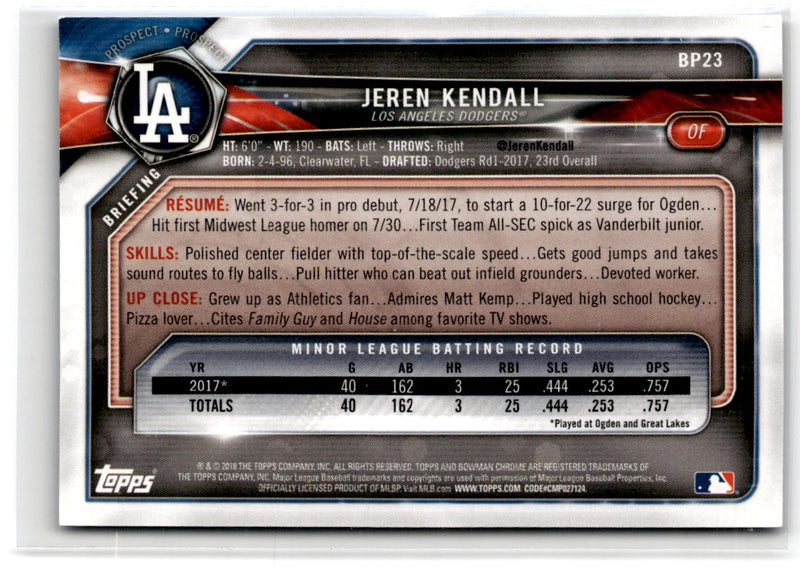 2018 Bowman Prospects Blue Jeren Kendall