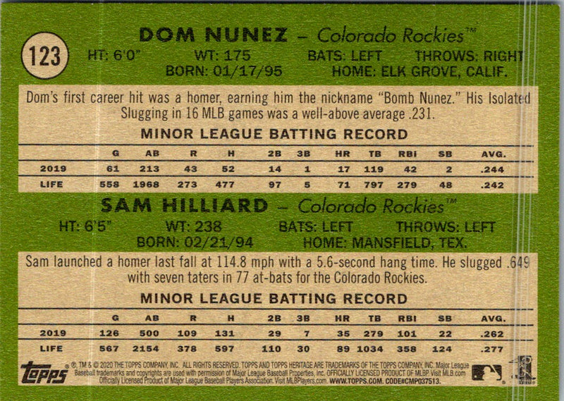 2020 Topps Heritage Dom Nunez/Sam Hilliard