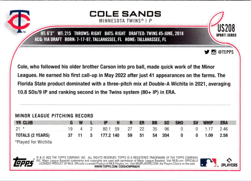 2022 Topps Update Cole Sands