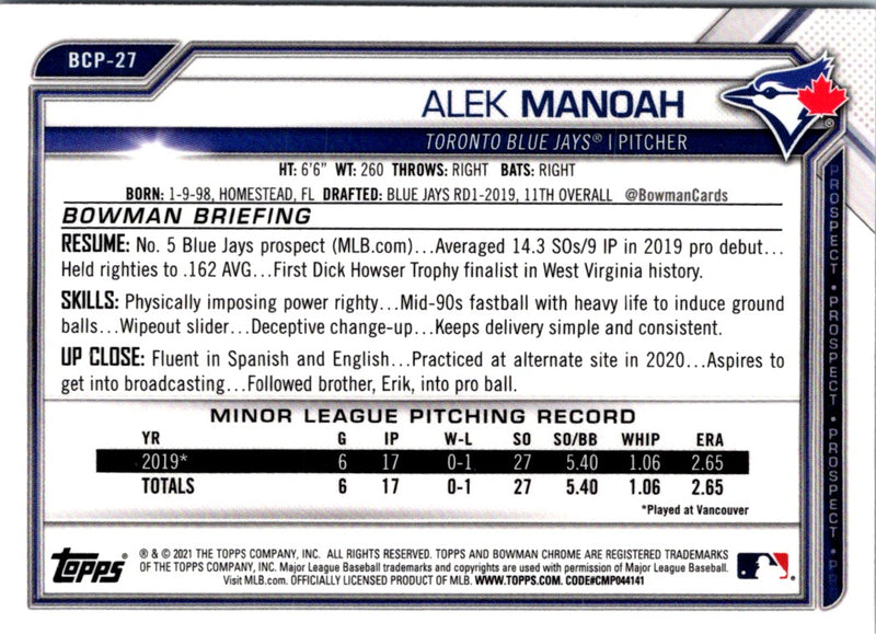 2021 Bowman Chrome Prospects Alek Manoah