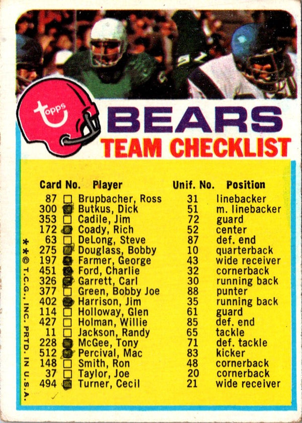 1973 Topps Team Checklists Checklist Chicago Bears #NNO