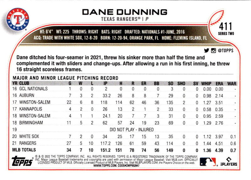 2022 Topps Dane Dunning